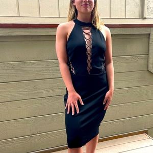 Bebe black midi dress Medium (4-6) thick stretch jersey fully lined. Never worn